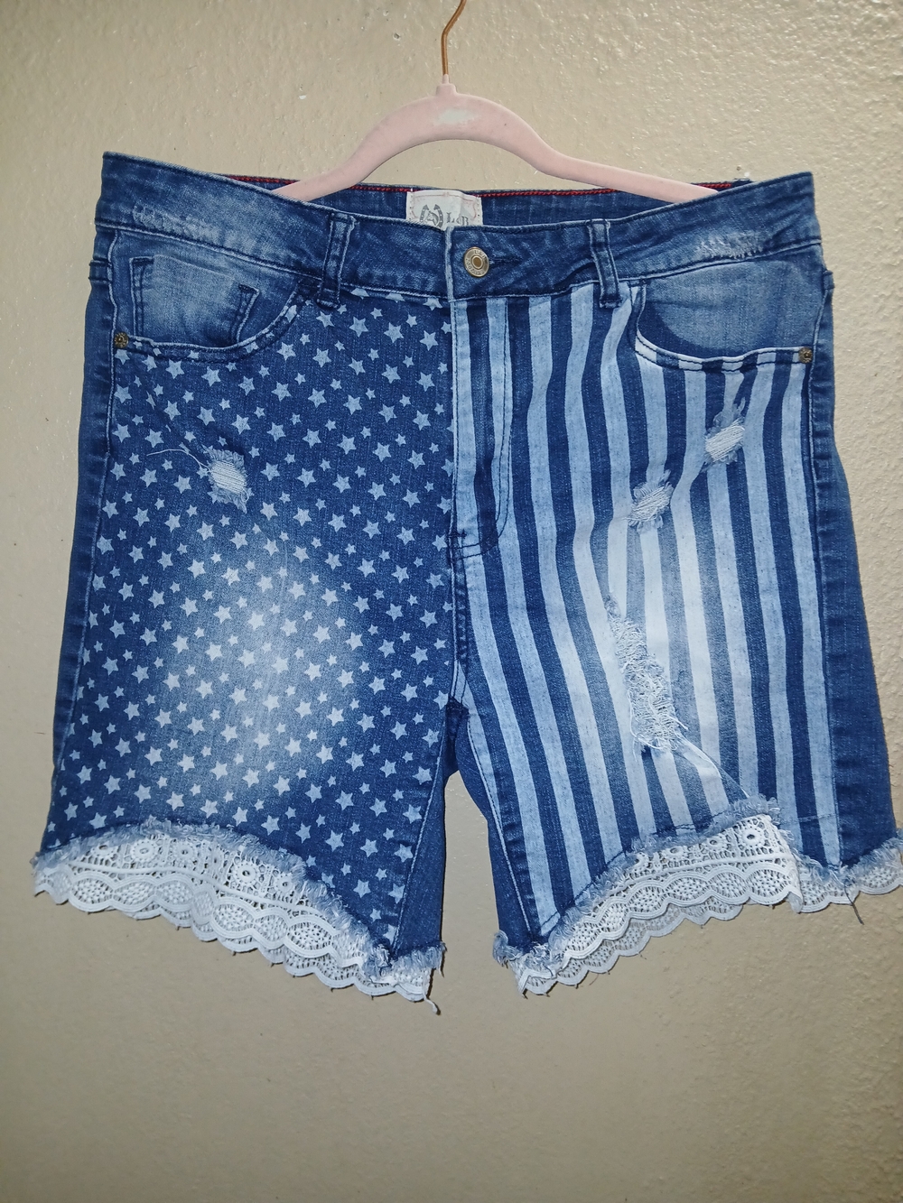 L&B Blue Star & Stripe Denim Bermuda Shorts with White Lace Trim